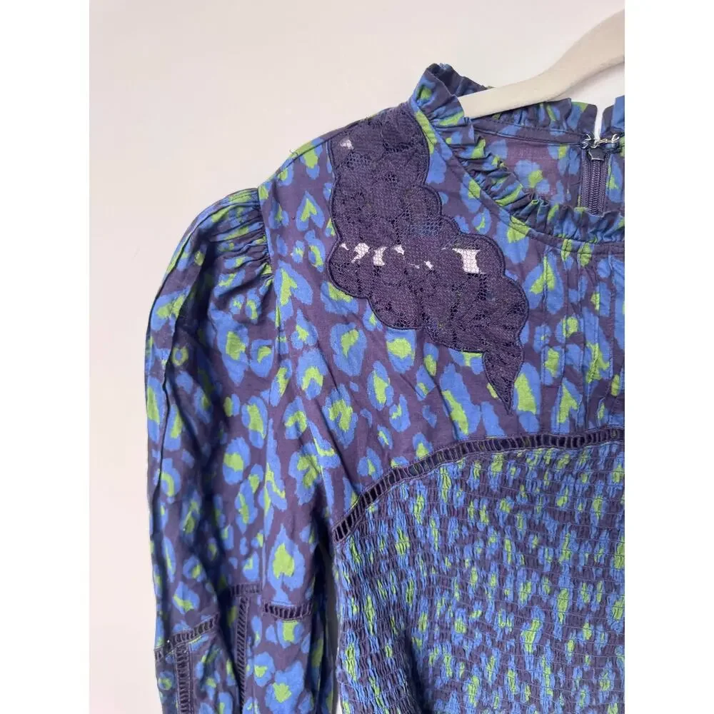Farm Rio Blue Green Leopard Print Smocked Peplum Top Lace Guipure Cotton Large - Picture 7 of 14
